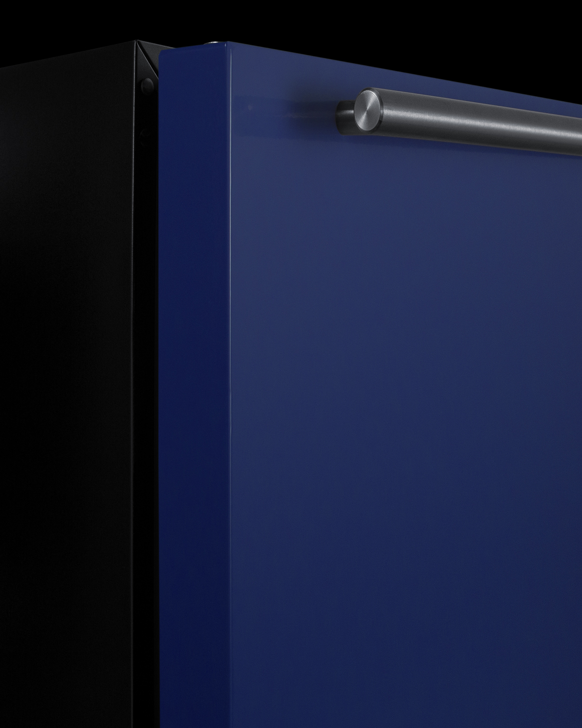 24 in. wide all-refrigerator for residential use, auto defrost with an cobalt blue door, stainless steel handle, and black cabinet
